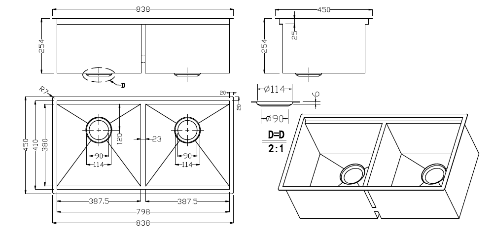 Stainless Steel Sink with Double Bowl 838x450mm