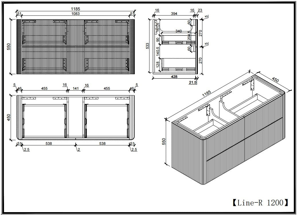 Slimline Curved Fluted Vanity 1200mm - Matte Black
