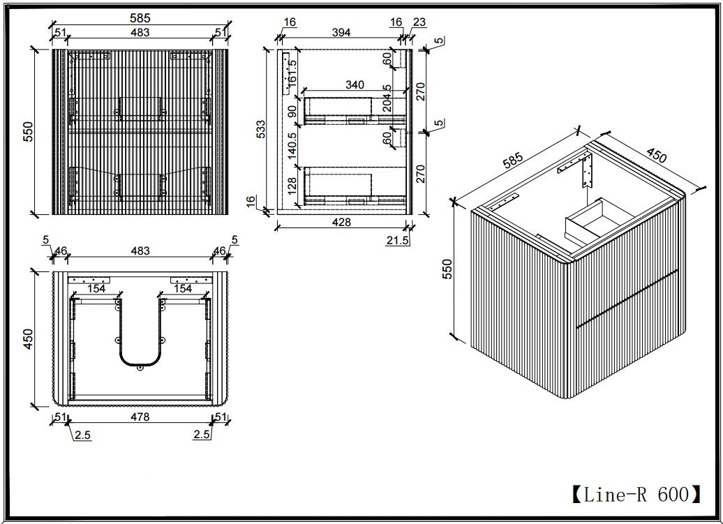 Slimline Curved Fluted Vanity 600mm - Matte Black