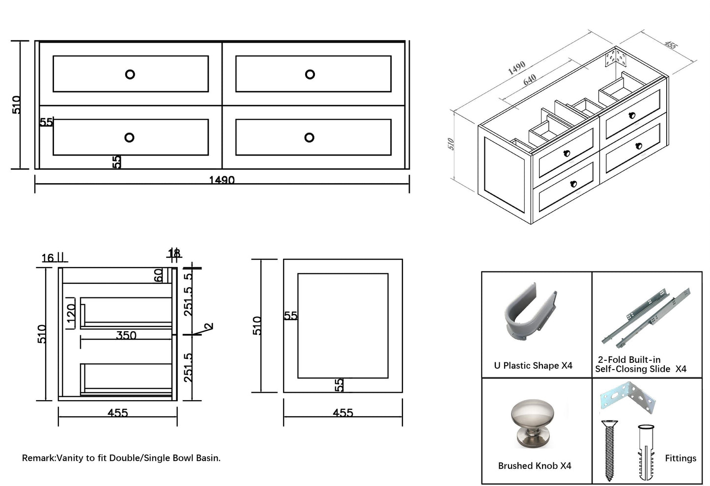 Shaker White Wall Hung 1500mm Vanity