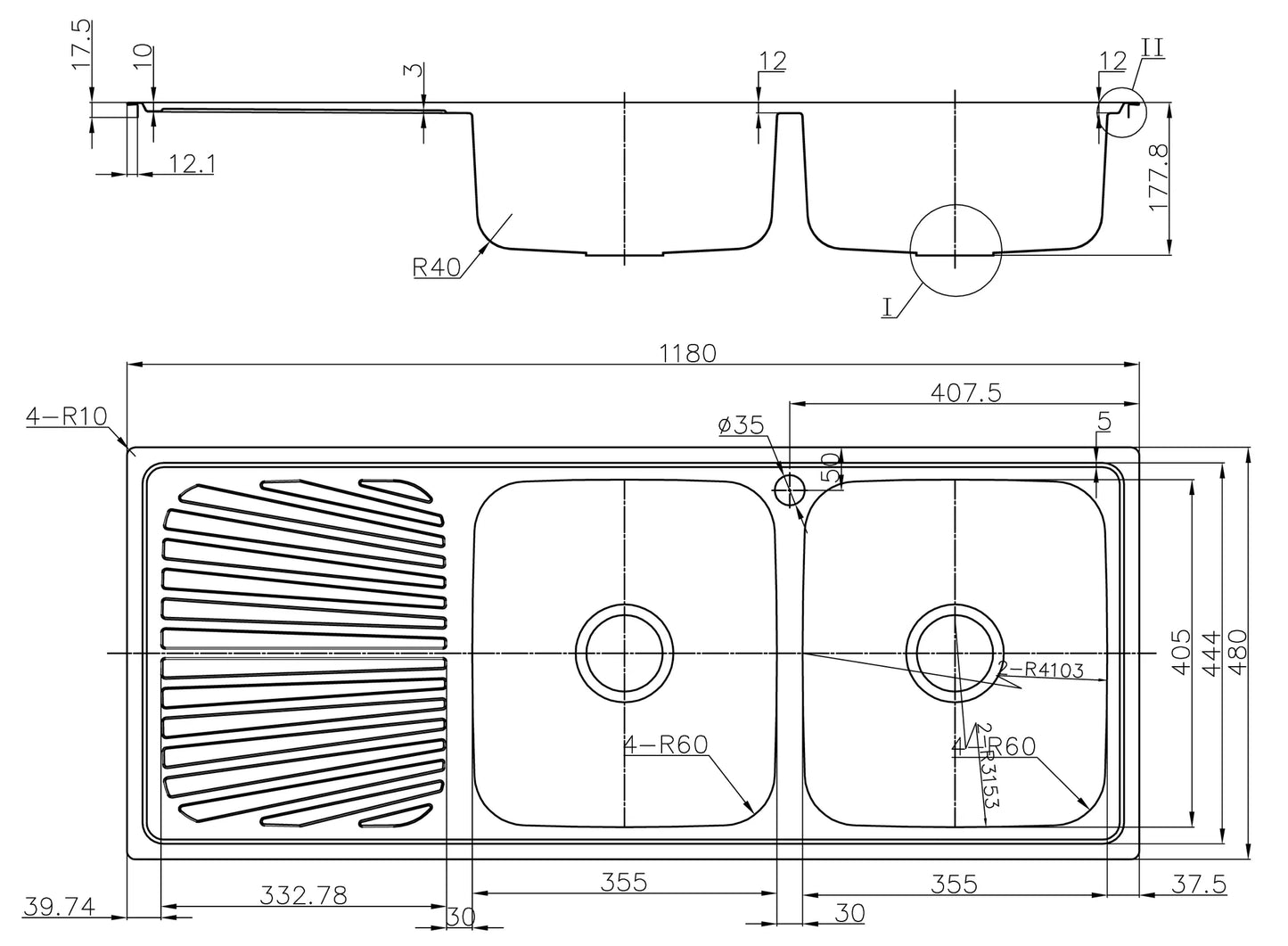Otus Double Bowl & Drainer Sink 1180×480