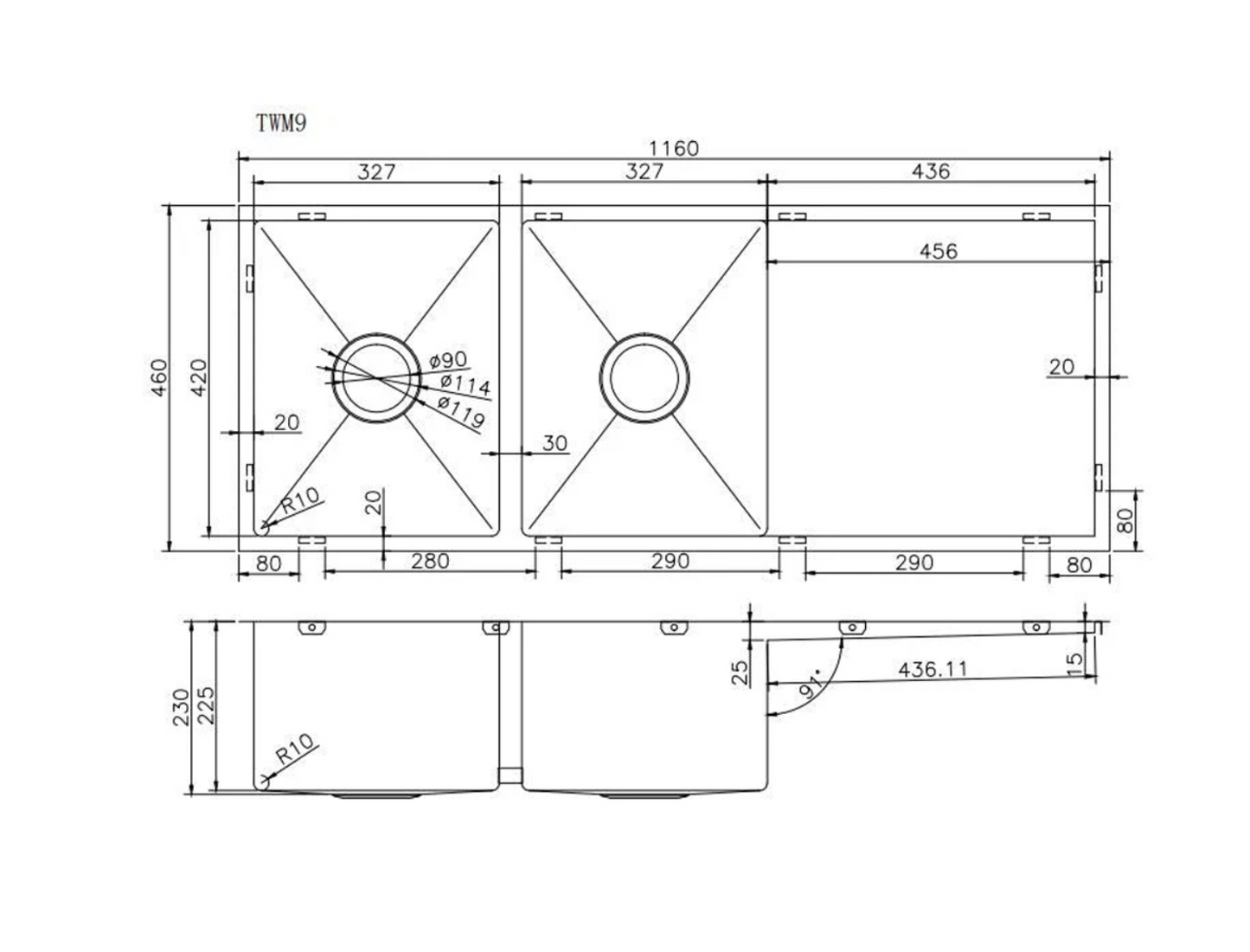 Stainless Steel Rose Gold Kitchen Sink with Double Bowl and Drainer 1160x460