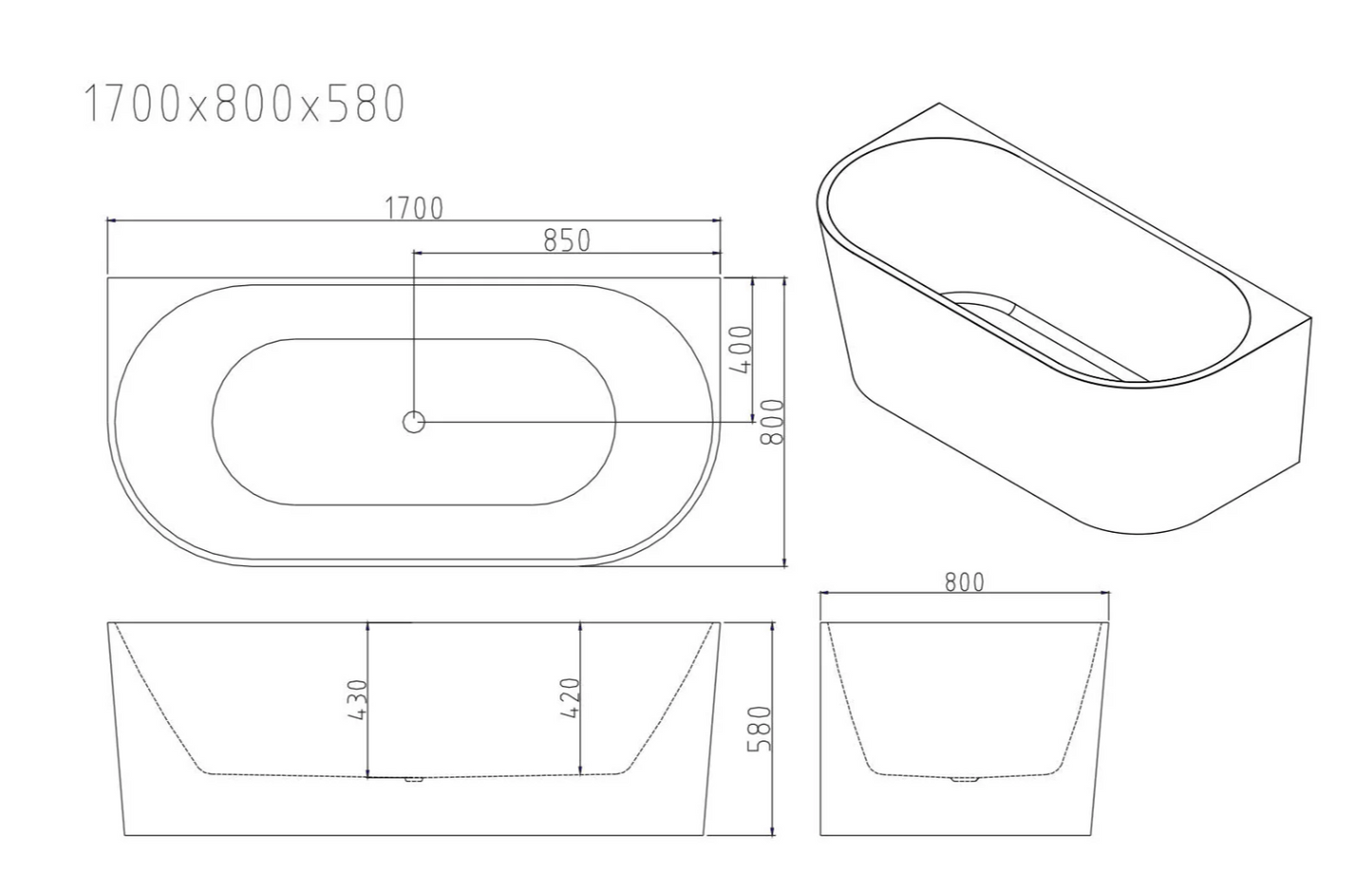 Musen Oval Back to Wall Bathtub - White