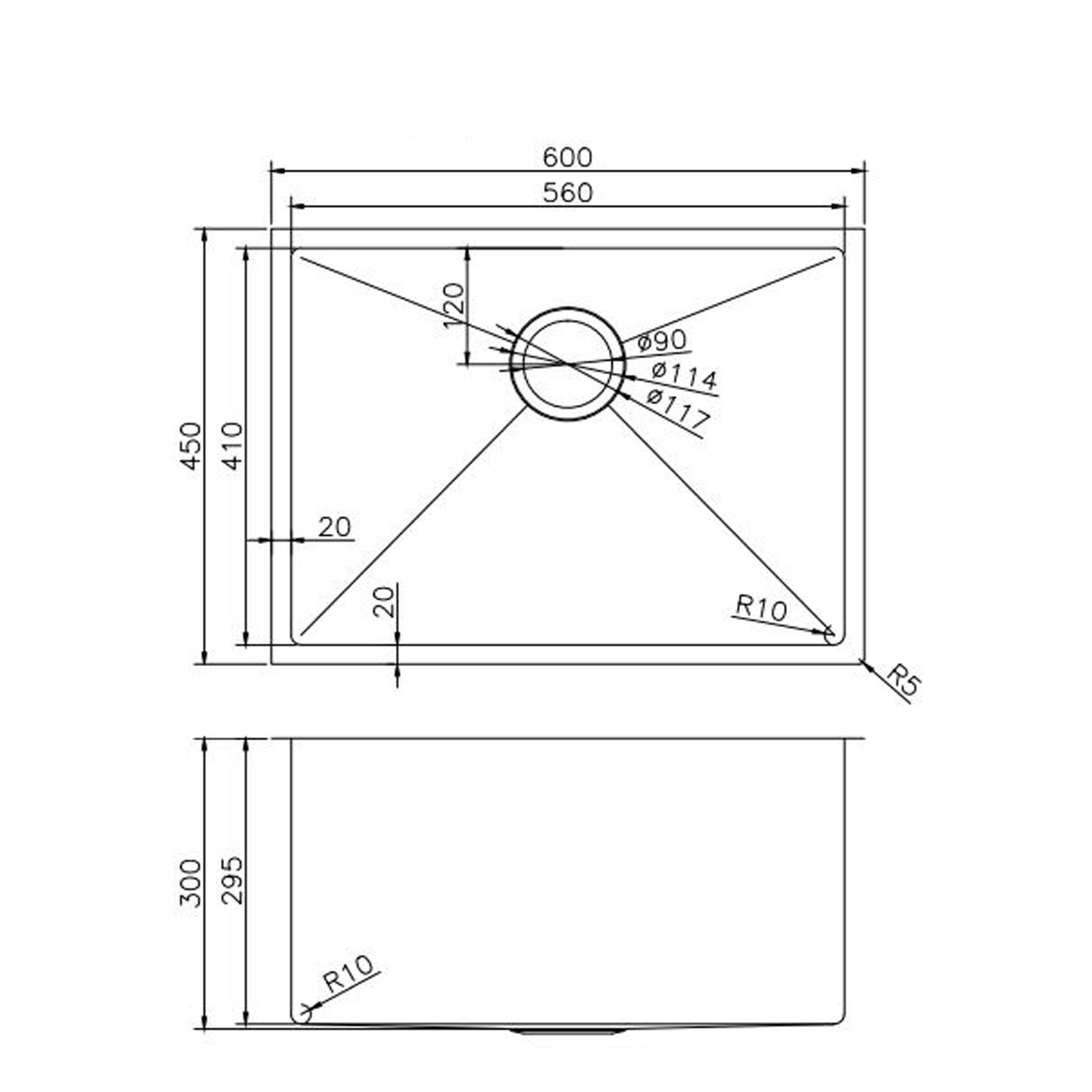 Stainless Steel Gunmetal Grey Sink with Single Bowl 600x450x300