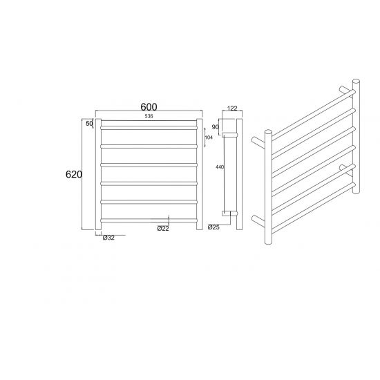 Heated Towel Rail 6 Round Tubes - Brushed Nickel
