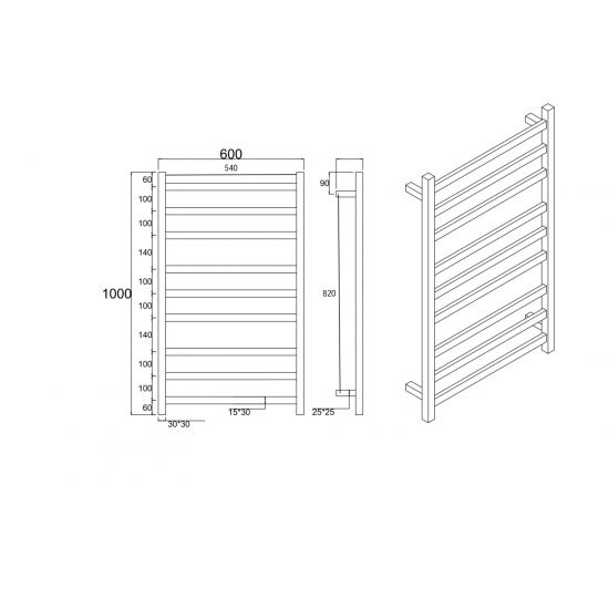 Heated Towel Rail 9 Square Tubes - Chrome