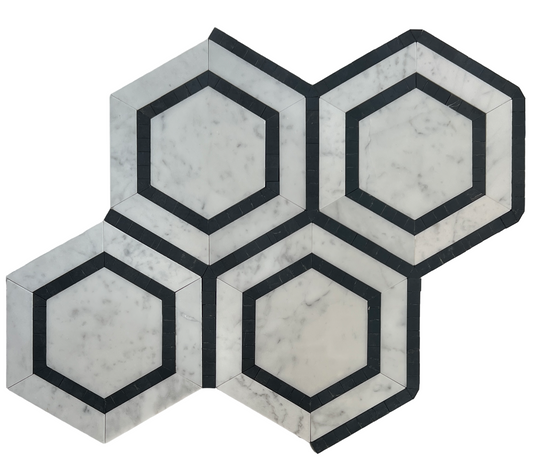 Hexagon with Border Honed - Carrara and Nero