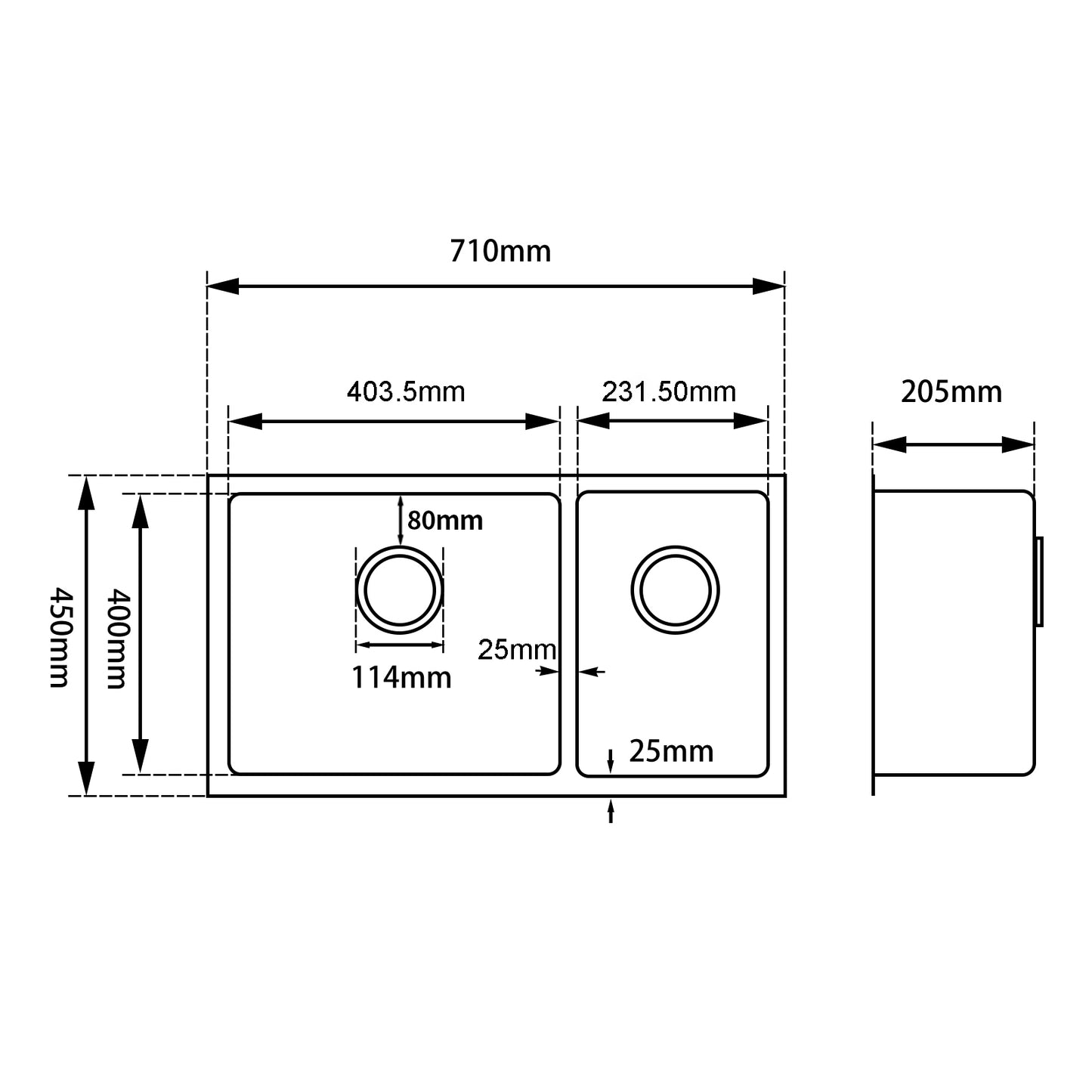 Stainless Steel Sink with Double Bowl 710x450