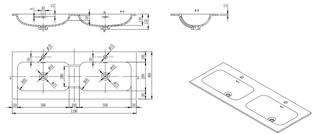 Chiefly Solid Surface Double Bowl Vanity Top - White