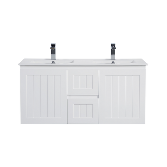 Acacia Shaker Wall Hung 1200mm Vanity with Center Drawers - White