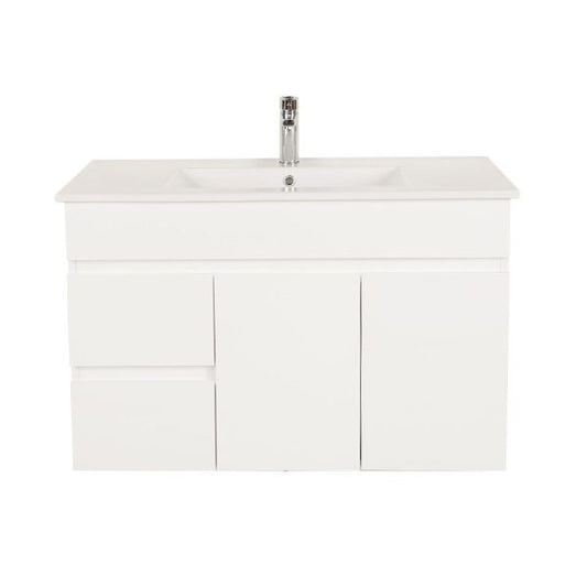 White PVC Wall-Hung Vanity 880x450 - Drawers on Left