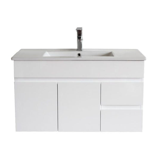 White PVC Wall-Hung Vanity 880x450 - Drawers on Right