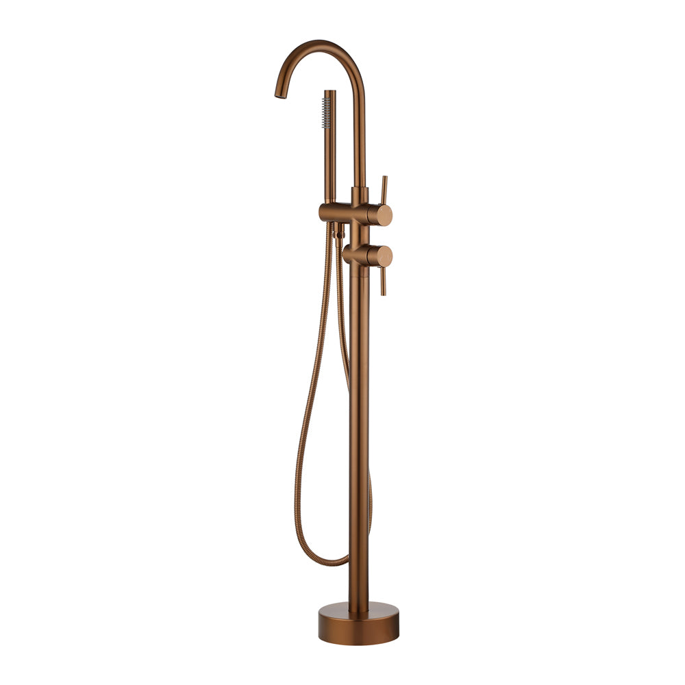 Round Freestanding Bath Mixer With Handheld Shower -  Brushed Copper