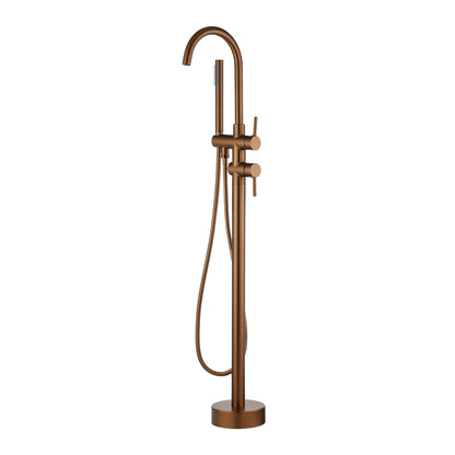 Round Freestanding Bath Mixer With Handheld Shower -  Brushed Copper