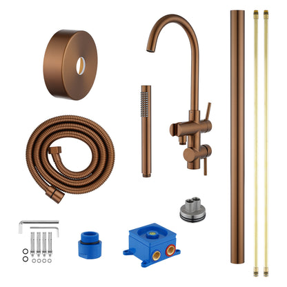 Round Freestanding Bath Mixer With Handheld Shower -  Brushed Copper