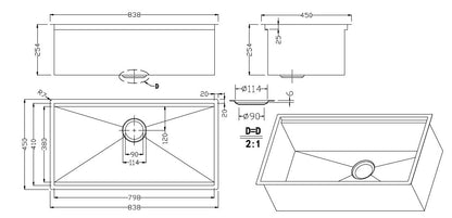 Stainless Steel Sink with Single Bowl 838x450mm