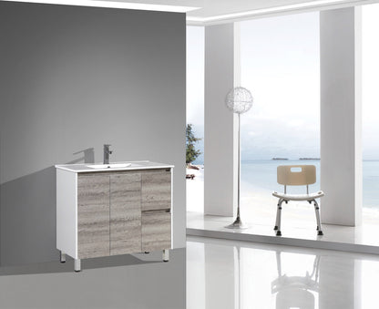 Floor Standing 900mm Vanity with Multiple Drawers- Wax Oak & Glossy White