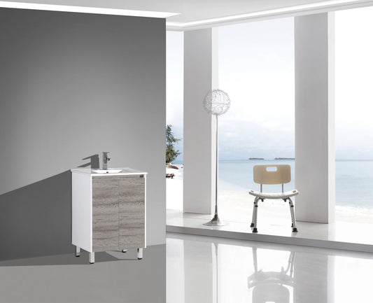 Floor Standing 600mm Vanity with Multiple Drawers - Wax Oak & Glossy White