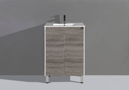 Floor Standing 600mm Vanity with Multiple Drawers - Wax Oak & Glossy White