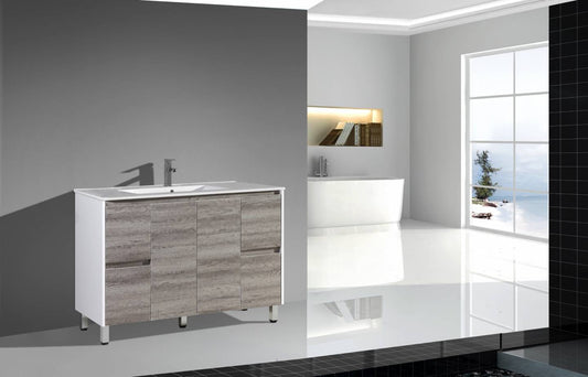 Floor Standing 1200mm Vanity with Multiple Drawers- Wax Oak & Glossy White
