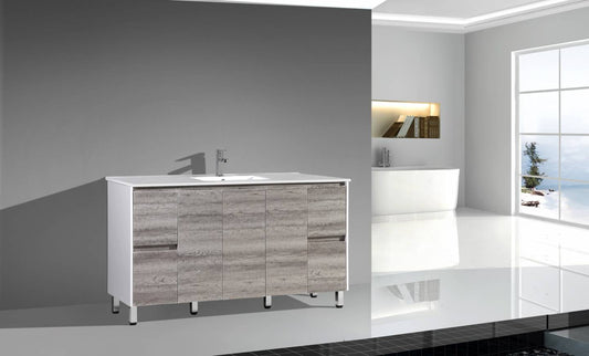 Floor Standing 1500mm Vanity with Multiple Drawers- Wax Oak & Glossy White