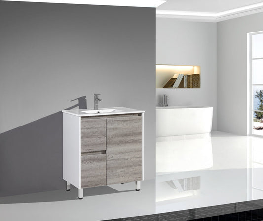 Floor Standing 750mm Vanity with Multiple Drawers- Wax Oak & Glossy White