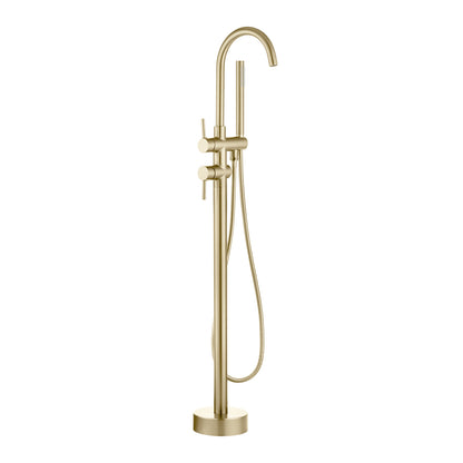 Round Freestanding Bath Mixer With Handheld Shower -  Light Brushed Brass
