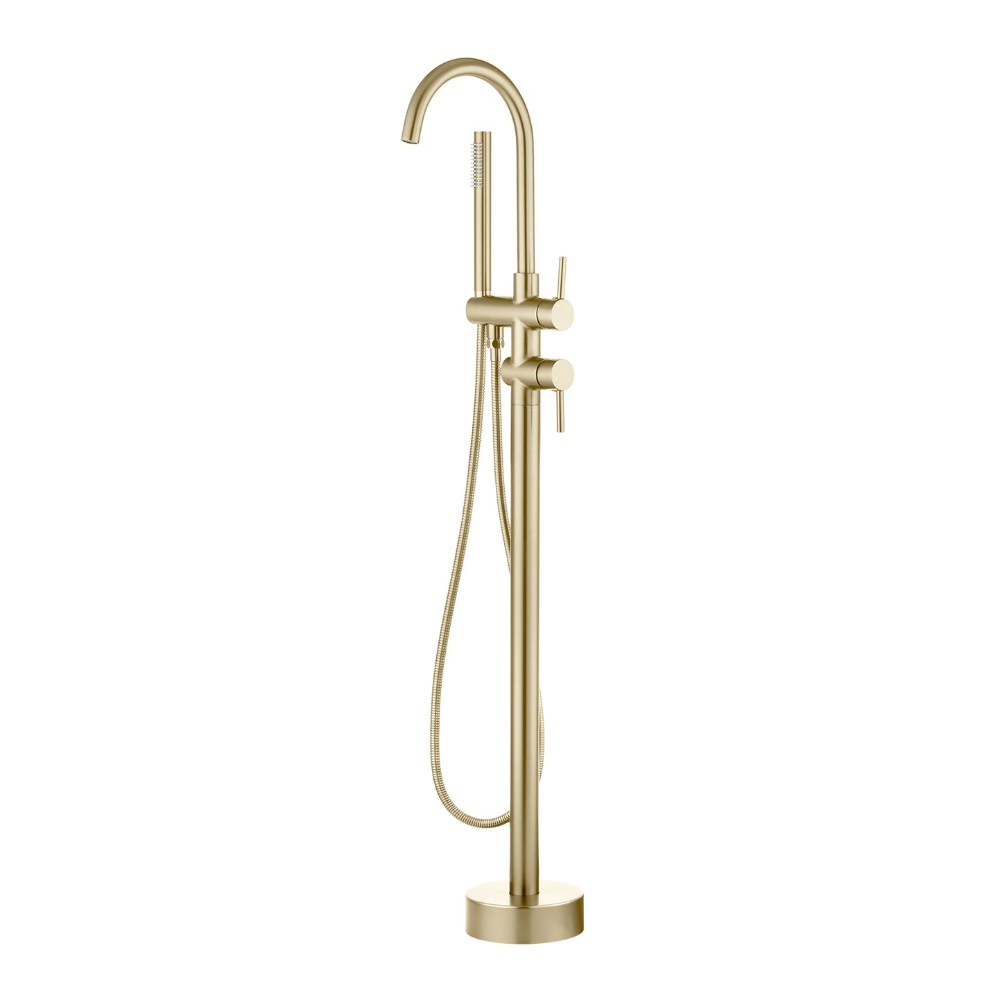 Round Freestanding Bath Mixer With Handheld Shower -  Light Brushed Brass