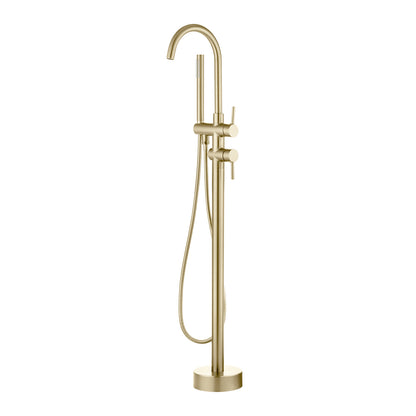 Round Freestanding Bath Mixer With Handheld Shower -  Light Brushed Brass