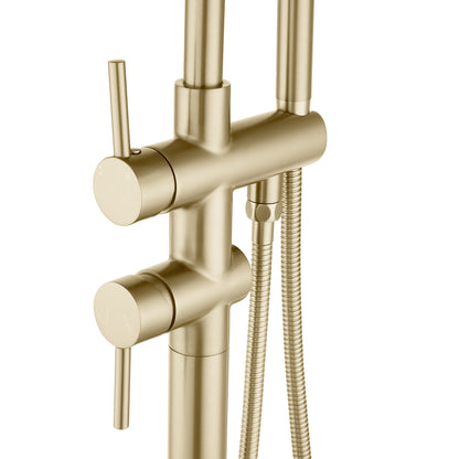 Round Freestanding Bath Mixer With Handheld Shower -  Light Brushed Brass