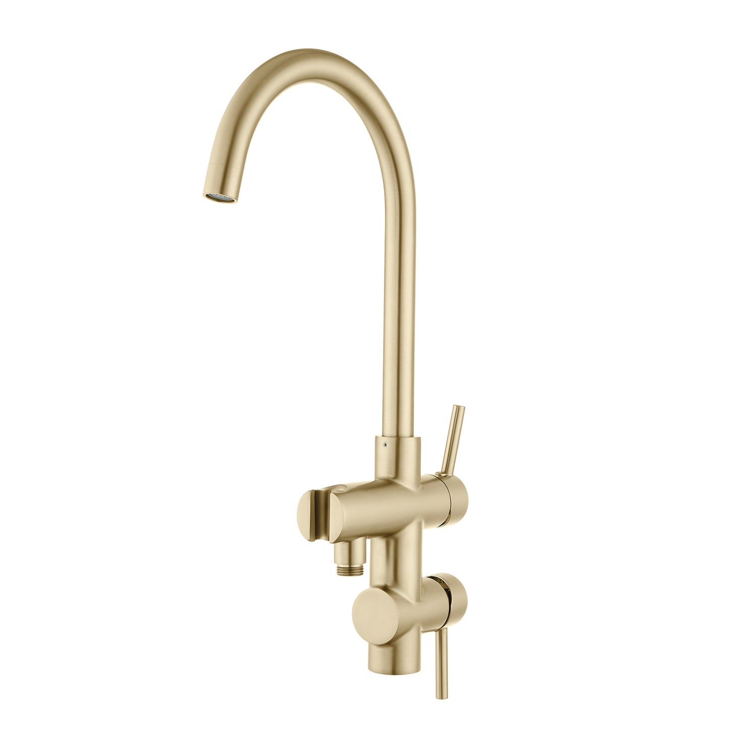 Round Freestanding Bath Mixer With Handheld Shower -  Light Brushed Brass