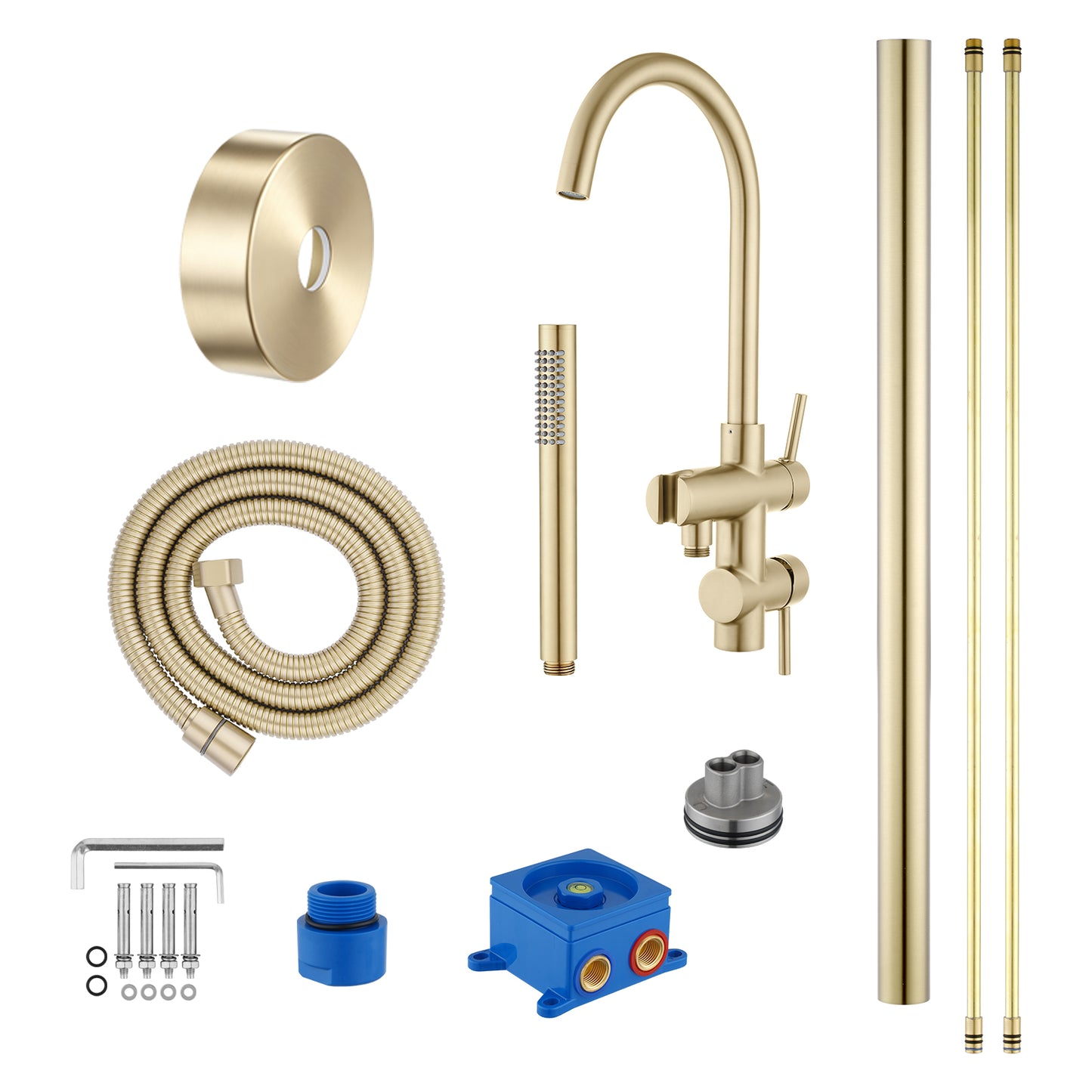 Round Freestanding Bath Mixer With Handheld Shower -  Light Brushed Brass