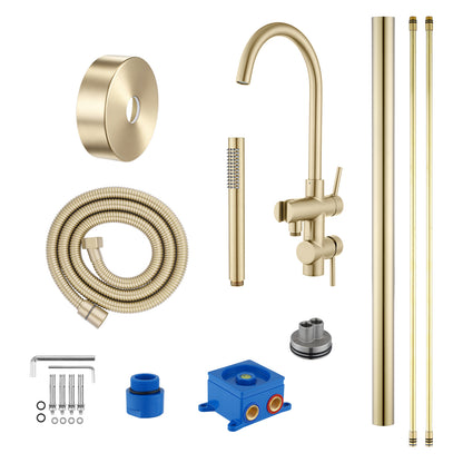 Round Freestanding Bath Mixer With Handheld Shower -  Light Brushed Brass