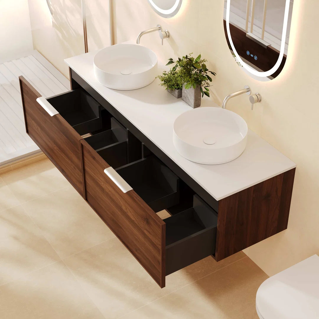 Pairs Wall-Hung Vanity – Walnut Woodmatt