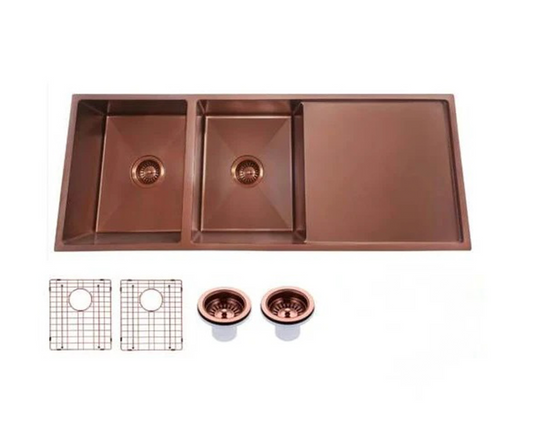 Stainless Steel Rose Gold Kitchen Sink with Double Bowl and Drainer 1160x460