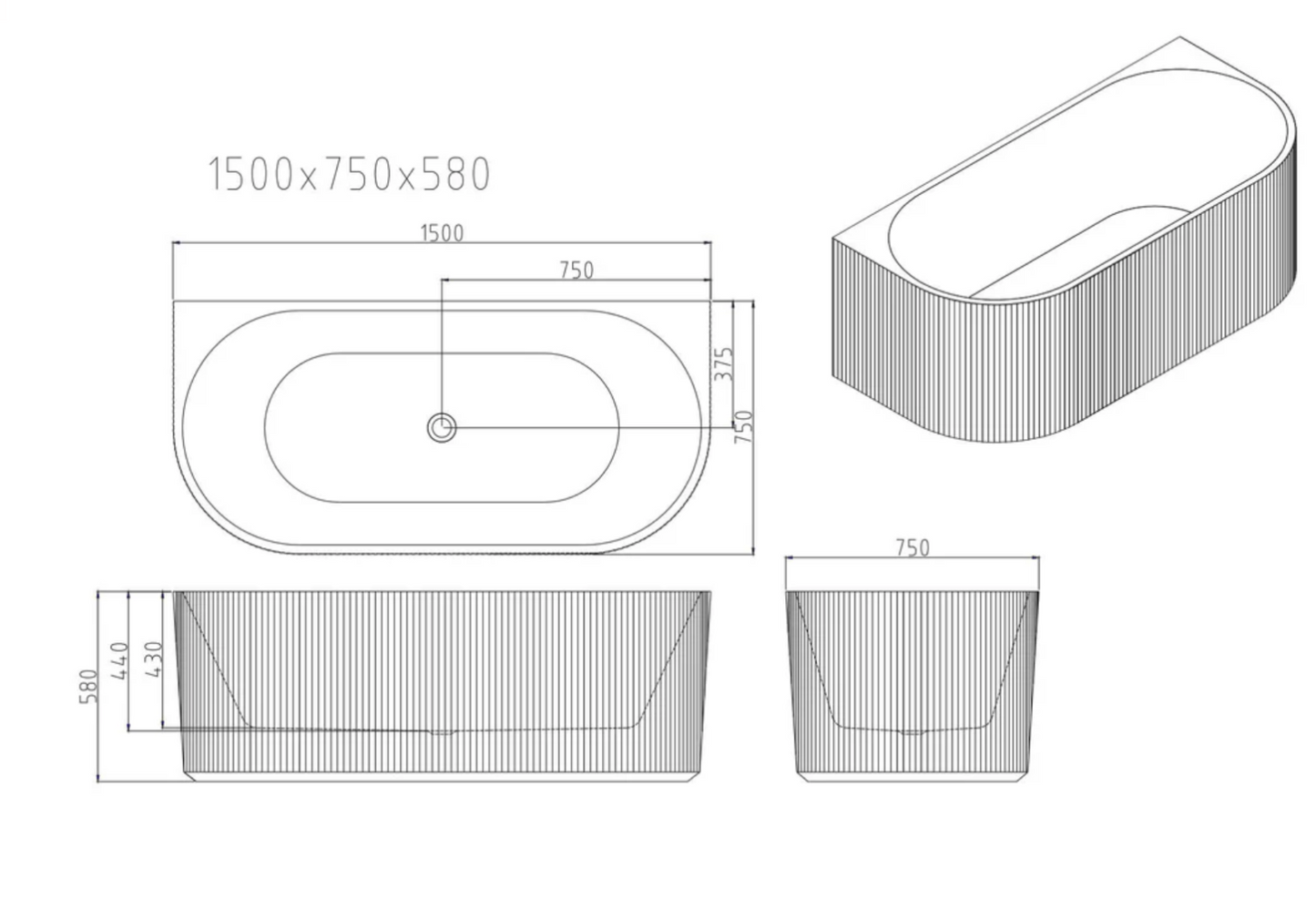 Rose Fluted Back to wall Bath - Matte White