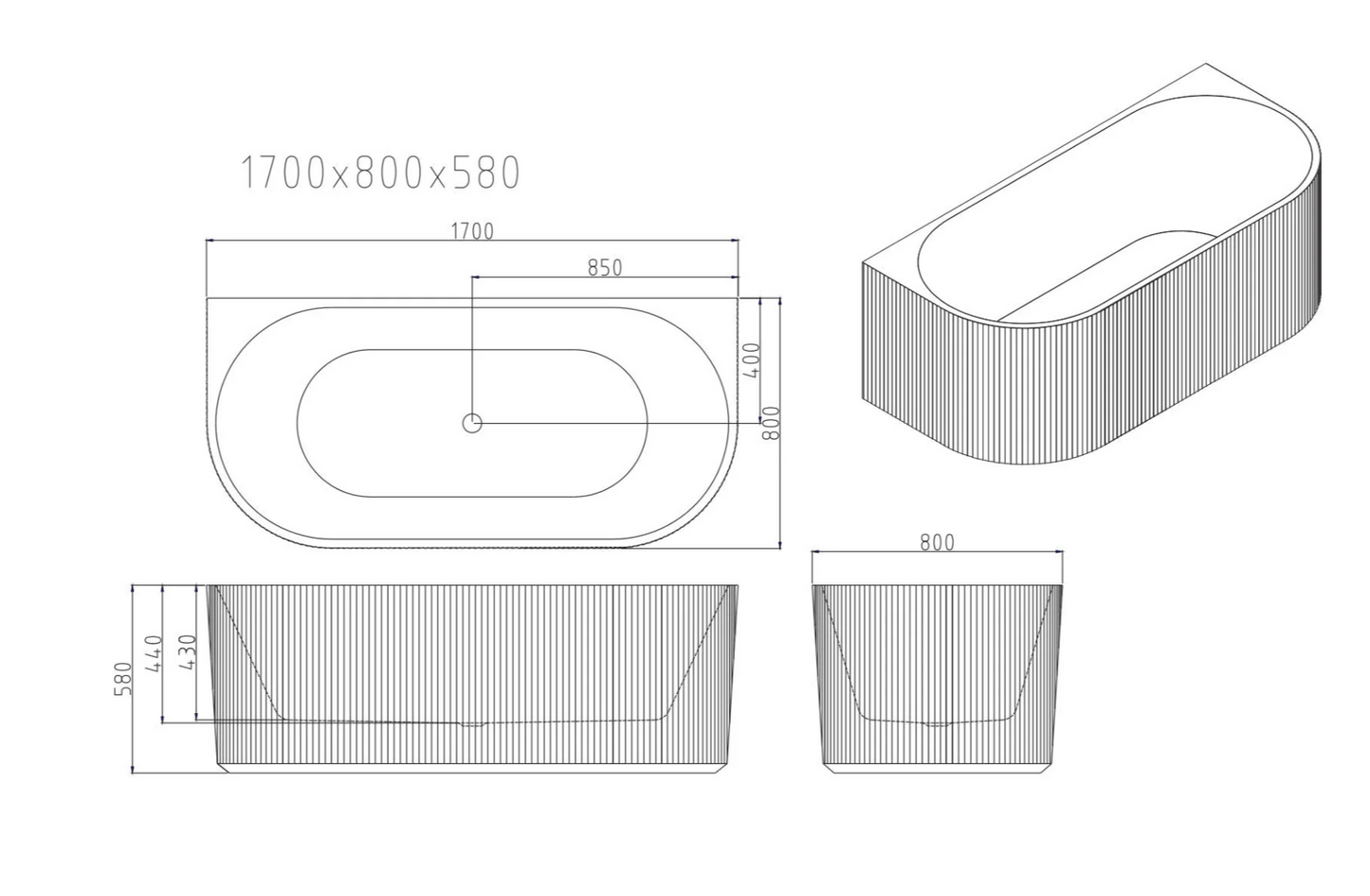 Rose Fluted Back to wall Bath - Matte White