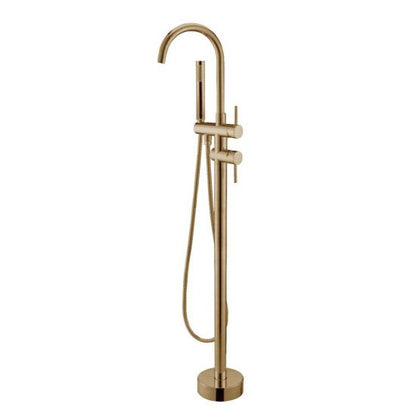 Round Freestanding Bath Mixer With Handheld Shower - Brushed Yellow Gold