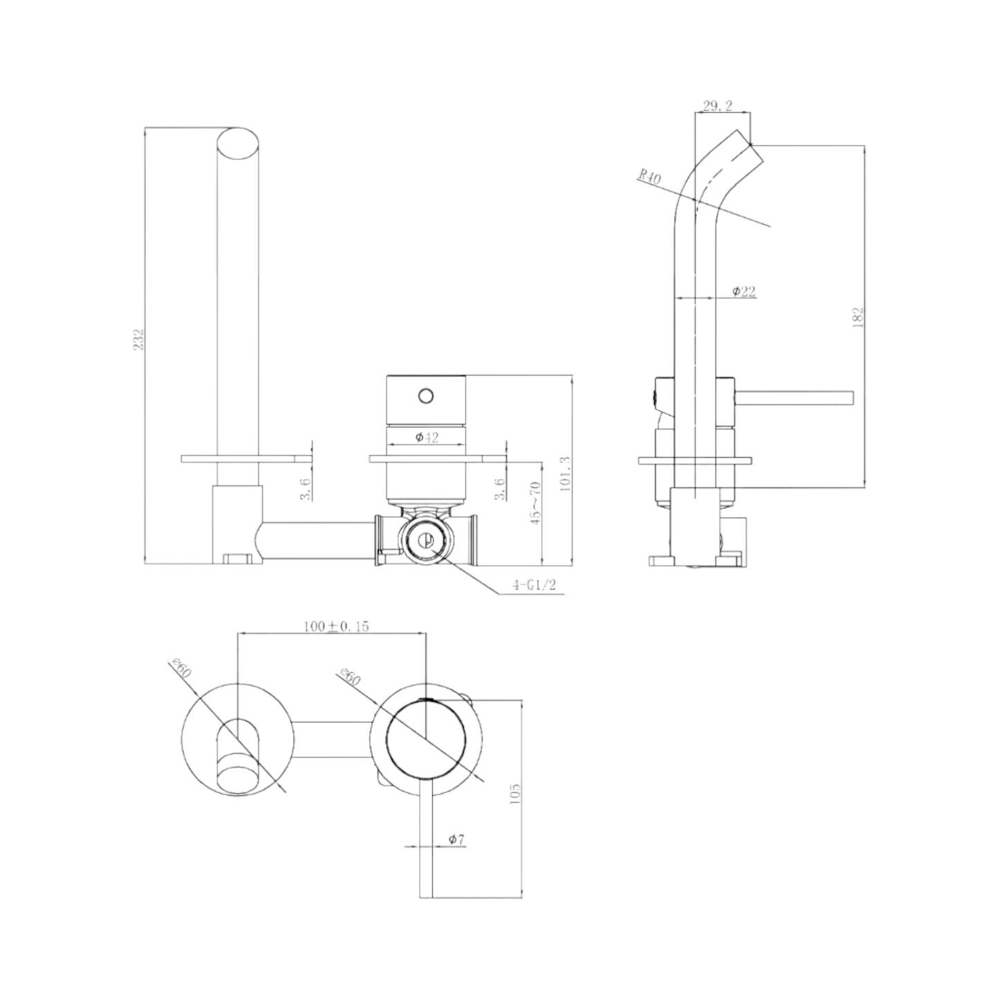 Otus Slimline SS Wall Basin Mixer Separate Back Plate Rough-in Body