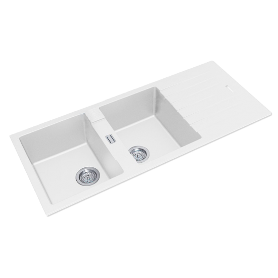 Granite Quartz Stone Kitchen Sink Double Bowls Drainboard Top/Undermount 1160x500- White